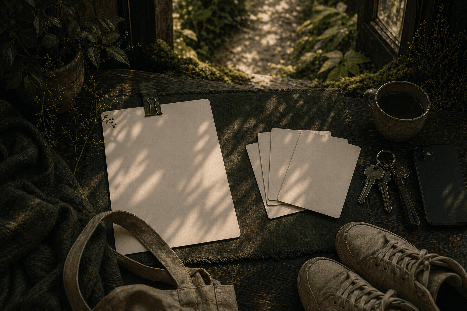 A dark moss editorial flatlay of Wild Challenge handouts near an open doorway.